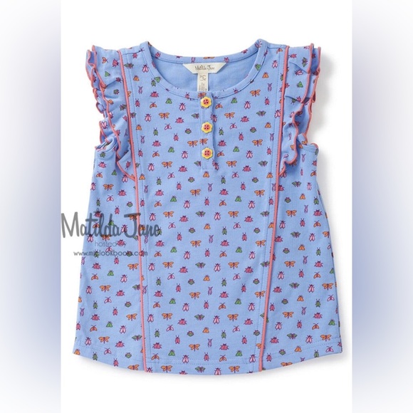 Matilda Jane Size 4 Camp THE VOYAGER TOP Blue w/ Insects Flutter Sleeves NWT - Picture 1 of 4